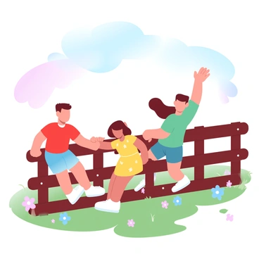 A group of three children is climbing over a wooden fence. One child is wearing a bright red t-shirt and denim shorts, while another child has on a yellow dress with small flowers. The third child is in a green shirt and is reaching out for the fence's top rail. A grassy field is visible beyond the fence, with colorful wildflowers scattered throughout the area. The sky above is filled with soft, pastel shades of blue and pink, creating a cheerful atmosphere. The children appear excited as they make their way over to the open space for playing.