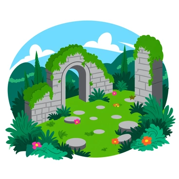 A set of ancient stone ruins partially covered in green moss, with vines creeping over weathered surfaces. The ruins include a large stone archway and crumbling walls, surrounded by dense foliage. Various tropical plants and ferns fill the scene, and bright flowers add splashes of color against the lush greenery. Sunlight filters through the leaves overhead, casting dappled shadows on the ground.