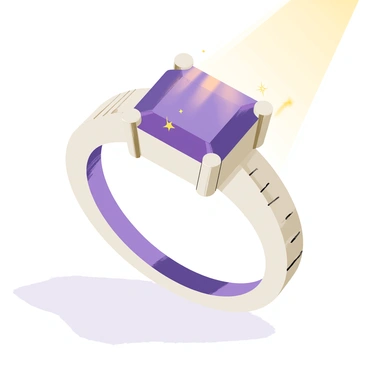 A large "amethyst ring" with a deep purple gemstone is set in a polished silver band. The ring sits on a smooth surface, reflecting "sunlight" that creates shimmering highlights and sparkles on the gemstone. The "ray of sunlight" casts a warm glow around the ring, illuminating the intricate details of the band. Small flecks of light dance around the ring, enhancing the vibrant color of the amethyst and creating an eye-catching display.