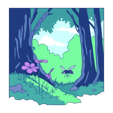 A small, intricate fly with delicate wings is flitting around in a mystical forest. Towering trees with thick, gnarled trunks rise high, their leaves forming a dense canopy overhead. Dappled sunlight filters through the leaves, casting playful patterns of light and shadow on the forest floor. The ground is blanketed with lush green moss and scattered wildflowers in various shapes. The fly hovers near a vibrant purple flower, its wings shimmering in the soft light as it explores its enchanting surroundings.