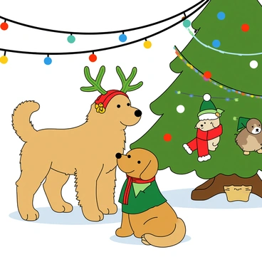 A playful Christmas pageant scene featuring various pets dressed in festive costumes. In the foreground, a fluffy golden retriever wears a red and green reindeer antler headband, complete with jingling bells. Next to it, a small ginger cat is dressed as an elf, sporting a green tunic with red trim and a pointed hat, with tiny white pom-poms at the tip. Nearby, a beagle is adorned with a bright red scarf and has green reindeer ears. In the background, a group of birds peeks out from a decorated Christmas tree, some wearing tiny Santa hats. The ground is covered in a light layer of snow, and colorful twinkling lights are strung around the scene, creating a cheerful atmosphere.