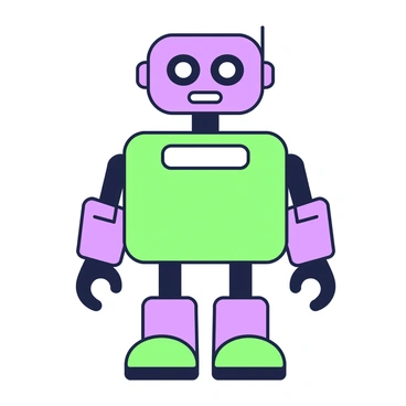 A robot character is standing upright, composed of simple geometric shapes. Its body is a rectangular shape with rounded corners, and it has a circular head mounted on top. The head features two oval eyes and a small rectangular mouth. Its arms are cylindrical, extending from either side of the body, and its legs are slightly wider rectangles. The robot is facing forward, with its arms slightly bent at the elbows. The overall design embodies minimalism, with few additional details, emphasizing the basic shapes that make up its structure.