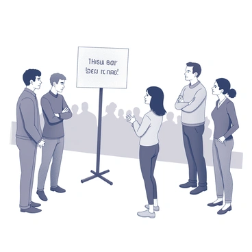 A group of four individuals engaged in a debate. One person stands at the center, holding a sign that reads "This is true because it is." The others are positioned around, with varied expressions of curiosity and skepticism. One individual has their arms crossed, while another gestures towards the sign, emphasizing their point. The background features a simple setting that suggests a public space, with an audience of vague silhouettes observing the discussion.