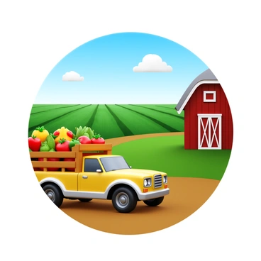 A rural farm scene featuring a "Tata truck" parked on a dirt road. The truck is loaded with various types of "fresh produce" such as colorful fruits and vegetables, including red tomatoes, yellow corn, and green leafy greens. In the background, there are expansive fields stretching towards the horizon, dotted with small patches of crops. A rustic barn painted in red stands nearby, complementing the rural atmosphere. The sky is clear with a few fluffy white clouds.