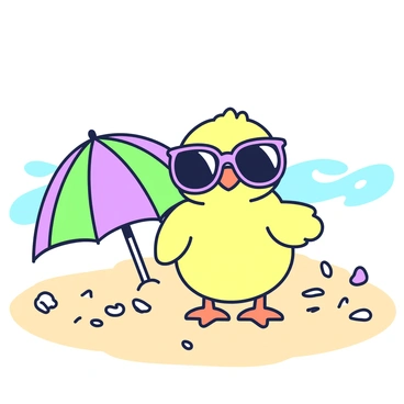 A baby chick is standing on the sandy beach. It is wearing oversized sunglasses that cover much of its face. The chick has fluffy yellow feathers and small, bright orange feet. Beside it, there is a tiny sun umbrella, providing some shade. The umbrella has a curved top and is anchored in the sand. In the background, there are hints of gentle waves lapping at the shore, with a few seashells scattered nearby. The sunlight creates reflections on the sand, emphasizing the bright atmosphere of a beach day.