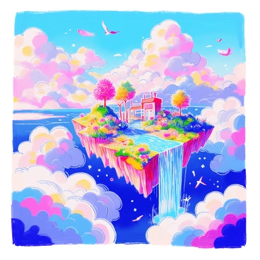 A landscape features multiple floating islands suspended in the sky. Each island is lush with green vegetation and colorful flowers. Waterfalls cascade from the edges of the islands, pouring down into thick, fluffy clouds below. The sunlight filters through the clouds, creating a bright and vibrant atmosphere. Birds can be seen flying around the islands, adding movement to the scene.