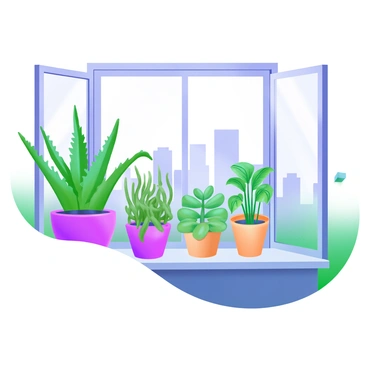 A collection of vibrant air-purifying houseplants, including a snake plant, spider plant, and pothos, arranged neatly on a sunlit windowsill. The plants have lush green leaves and healthy growth. Outside the window, a smoggy skyline is visible, featuring tall buildings partially obscured by haze. Soft light filters through the glass, creating a warm ambiance in the room.