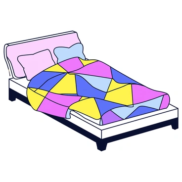 A quilt made of perfectly stitched geometric patterns in vibrant colors. The quilt features a mix of triangles, squares, and diamonds arranged in a harmonious design. It is spread neatly across a bed with a simple white bed frame. The bed has a soft, neutral-colored headboard, and a few decorative pillows are placed at the top, complementing the colors of the quilt. Natural light filters into the room, softly illuminating the quilt's details.