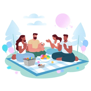 A group of four friends is sitting on a checkered picnic blanket spread out on the grass. One friend is holding a sandwich while laughing, with the others joining in the moment. A picnic basket filled with fruits and snacks is open beside them. Colorful balloons are tied to the corner of the blanket, and a vibrant fruit salad is displayed in a bowl at the center. In the background, trees are swaying gently, providing a peaceful atmosphere. A large sun is shining brightly in the sky, radiating warmth over the scene.