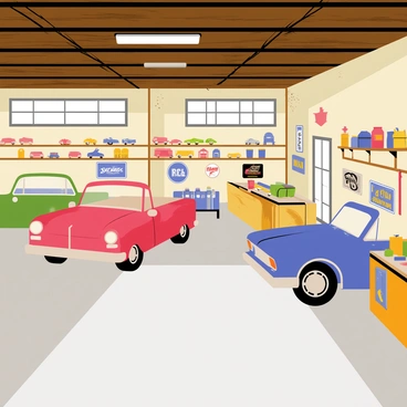 An old garage filled with classic cars and vintage memorabilia