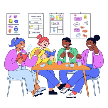 A group of women sits together around a wooden table in a cozy room. Each woman is engaged in a different activity related to language learning. One woman holds a book titled "French Grammar," while another writes notes in a notebook with colorful pens. A third woman displays flashcards with vocabulary words in Spanish, and a fourth is listening attentively to an audio device. They are sharing laughter and smiles, creating a friendly atmosphere. The walls are adorned with posters of various languages and cultures, adding to the relaxed setting. A tea set is placed on the table, with steaming cups filled with herbal tea.