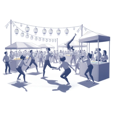 A festival scene filled with activity and energy. There are numerous performers in dynamic poses, showcasing traditional dance and acrobatics. Colorful banners and decorative lanterns are suspended overhead, casting intricate shadows on the ground. The crowd is animated, with people of various ages celebrating together, their expressions reflecting joy and excitement. In the background, food stalls are visible, with vendors serving various traditional snacks. The overall composition captures the essence of a lively celebration.