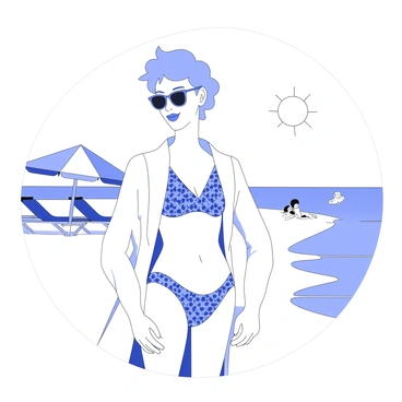 A stylish person is standing on the beach, wearing fashionable sunglasses that reflect the sunlight. The individual has a relaxed posture and is dressed in trendy beach attire, including a patterned swimsuit and a lightweight cover-up. The person's hair is gently tousled by the ocean breeze. In the background, there are beach umbrellas and people sunbathing, with the waves of the ocean lapping at the shore. The sun is shining brightly in the sky, creating a warm atmosphere.