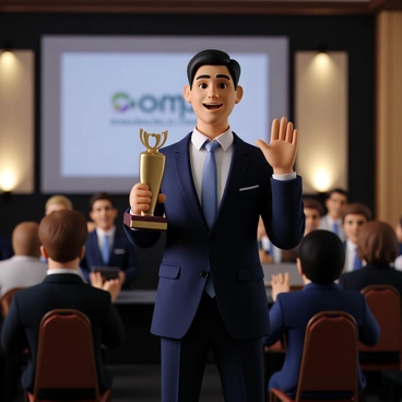 A professional man with short black hair, wearing a tailored navy blue suit and a crisp white shirt, stands confidently on stage. He holds a gleaming gold award in his right hand, while his left hand gestures in acknowledgment of the audience. The backdrop features elegant corporate branding, with soft lighting enhancing the atmosphere. His expression is one of pride and gratitude as he receives applause from the audience, who are dressed in formal attire, sitting in rows with smiles on their faces.