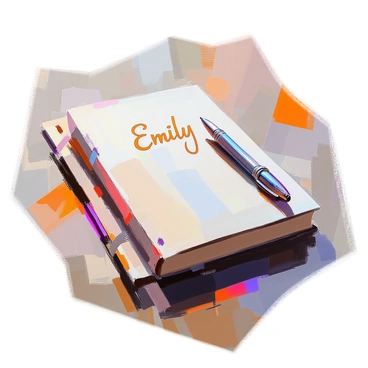 A close-up view of a personalized diary with the name "Emily" embossed in elegant, gold lettering on the cover. The diary is placed on a rustic wooden table, showcasing its textured leather finish. Beside the diary, there is a sleek silver pen with a polished surface, positioned slightly angled as if it was just used to write. The scene captures a sense of intimacy, with soft natural light highlighting the details of the diary and the pen.