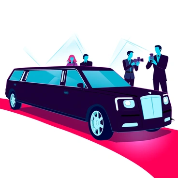 A sleek, black luxury limousine with polished chrome accents is parked prominently on a red carpet. The limousine's windows are tinted, reflecting the bright flashes of cameras. Photographers, equipped with professional cameras, are positioned around the vehicle, capturing the moment as they snap photos. Bright lights from the cameras illuminate the scene, highlighting the glimmering surface of the limousine. In the background, elegant attendees in glamorous outfits are beginning to arrive, further enhancing the atmosphere of a high-profile event.