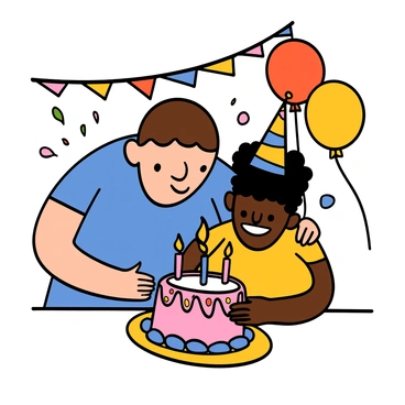 A big brother with light skin and short brown hair is leaning over a birthday cake, helping his younger sibling blow out the candles. The birthday cake is round, decorated with colorful frosting and topped with five lit candles. The younger sibling has dark skin and curly hair, wearing a party hat and a big smile. They are both wearing casual clothes, with the big brother in a blue t-shirt and the younger sibling in a bright yellow shirt. The setting has balloons and streamers in the background, creating a festive atmosphere.