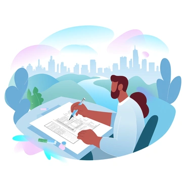 A city planner is sitting at a drafting table, sketching a modern cityscape with sleek skyscrapers and innovative buildings. The planner is surrounded by various architectural tools, including a ruler and colored pens. On the paper, the cityscape seamlessly merges with lush natural landscapes, featuring rolling hills and clusters of trees. The sky is filled with soft gradient pastel colors, transitioning from blue to pink, adding a serene backdrop to the scene. In the distance, a river winds through the city, reflecting the pastel colors of the sky. The atmosphere is vibrant, showcasing a harmonious blend of urban and natural elements.