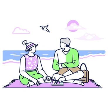An elderly couple is sitting on a beach, enjoying the peaceful atmosphere. The man has gray hair and is wearing a light-colored shirt and khaki shorts. The woman has white hair pulled back in a bun and is dressed in a floral top and a sun hat. They are both seated on a large beach towel, with a picnic basket and a couple of drinks placed beside them. In the background, gentle waves are lapping at the shore, and a few seagulls are flying overhead. The sun is low in the sky, casting soft shadows.