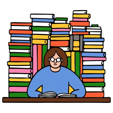 A person with light skin and medium-length brown hair is sitting at a wooden table in a library, surrounded by towering stacks of colorful books. The person is wearing a blue sweater and glasses, holding an open book in front of them. They have a serene expression on their face as they read, with warm light illuminating their surroundings. The library features high shelves filled with books of various sizes and colors, creating a cozy and inviting atmosphere.