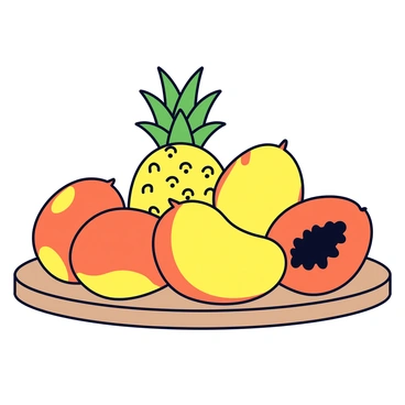 An assortment of tropical fruits such as mangoes, pineapples, and papayas