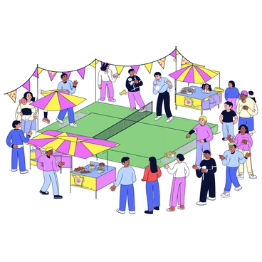 A lively scene of a community gathered to celebrate a local badminton tournament. There are vibrant food stalls with colorful canopies, each offering a variety of delicious snacks and drinks. People of different ages are standing in groups, some chatting and laughing, while others are enjoying the food. In the background, badminton players are competing on a well-maintained court, with a net in place and spectators cheering them on. Bright banners are hung around the area, adding to the festive atmosphere.