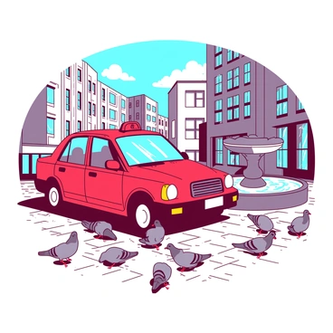 A red taxi is idling on a cobblestone street next to a flock of gray pigeons. The taxi has its headlights on, casting a soft glow on the surrounding area. The pigeons are scattered around the square, some pecking at crumbs on the ground while others are perched on the edge of a nearby stone fountain. In the background, there are tall buildings with windows reflecting the sunlight, creating a vibrant urban atmosphere. The sky above is bright blue with a few fluffy clouds.