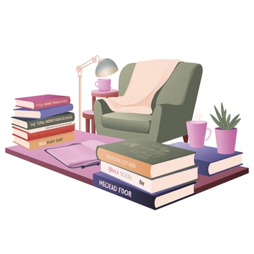 A desk is cluttered with a stack of popular personal finance books, their colorful covers featuring titles like "The Total Money Makeover," "Rich Dad Poor Dad," and "The Millionaire Next Door." Each book is arranged neatly, with some leaning against each other. In the background, a cozy reading nook is visible. It includes a comfortable armchair upholstered in soft fabric, a small side table with a steaming cup of tea, and a warm blanket draped over the chair. A potted plant sits nearby, adding a touch of greenery to the scene. A soft lamp casts a gentle glow, enhancing the inviting atmosphere of the reading nook.