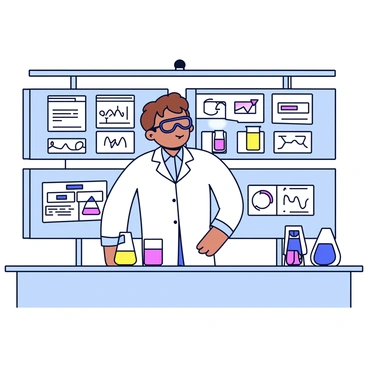 A scientist in a white lab coat is standing at a glass lab bench. The scientist has short brown hair and is wearing safety goggles. On the bench, there are several colorful beakers filled with liquids of varying colors. Behind the scientist, a large wall of computers displays various data and graphs. The laboratory has sleek metallic surfaces and bright overhead lights, creating a clean and organized environment.