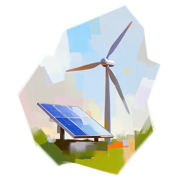 A clean energy logo with a solar panel and a wind turbine
