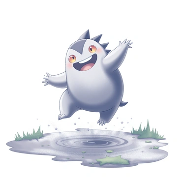A large creature with a spiky back and orange eyes is joyfully jumping in puddles. The ground is wet and reflects the creature's figure as it leaps. Water splashes outwards from the impact, creating droplets in the air. Surrounding the creature are patches of green grass and a few small, scattered leaves. The sky above is overcast, hinting at the recent rainstorm. The creature has a wide grin, showing its enjoyment of the playful moment.