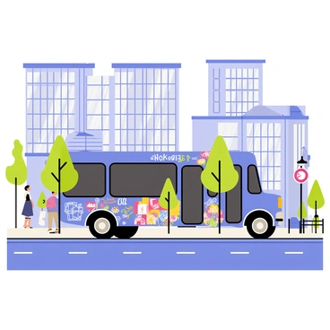 A blue bus parked on a city street, its exterior covered in vibrant street art featuring colorful graffiti designs. The scene includes tall buildings in the background with large windows reflecting sunlight. Sidewalks are busy with pedestrians, and a few trees are positioned nearby providing greenery. The bus's wheels are slightly turned, and the artwork showcases various patterns and images, adding to the lively atmosphere of the urban environment.