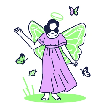 An angel with whimsical butterfly wings stands gracefully in an open field. The wings are intricately designed, resembling the delicate patterns of butterflies, and are primarily green with purple accents. Surrounding the angel, several real butterflies flutter about, each displaying unique patterns and colors. The angel’s flowing gown complements the wings, with gentle draping and ethereal qualities. The scene conveys a sense of harmony between the angel and the butterflies, creating a captivating atmosphere filled with movement.