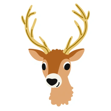 A vintage-style sketch of a deer's head prominently featured in the center. The deer has large, expressive eyes, and delicate features. Its antlers are intricately detailed, showcasing multiple branching points and a textured surface. The sketch is done in fine lines with subtle shading that adds depth to the deer's fur and the antlers. The overall composition emphasizes the majestic nature of the deer, giving it a timeless appeal.