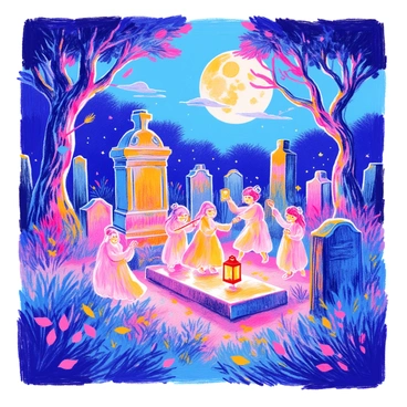A graveyard is illuminated by the soft glow of the moonlight. Dark, ancient tombstones rise from the ground, their surfaces covered in moss. Wisps of fog drift low over the grass, adding an ethereal quality to the scene. Several translucent spirits are gathered together, their forms slightly shimmering. They are engaged in a joyful celebration, with one spirit holding a lantern that casts a warm light. Another spirit is playing a stringed instrument, while others dance gracefully around. The trees surrounding the graveyard sway gently in the night breeze, their leaves rustling softly.