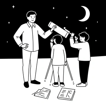 A teacher stands beside a large telescope set up on a grassy area under the night sky. The teacher is wearing a casual button-up shirt and jeans, with a focused expression as they guide a group of students. One student, wearing a sweater, peers into the telescope while another student adjusts the viewfinder. They are surrounded by various astronomy books and charts spread out on the ground. The twinkling stars and a crescent moon are visible in the clear sky above, creating an atmosphere of discovery and learning.