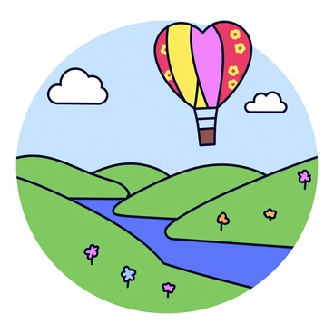 A colorful hot air balloon shaped like a heart is floating high in the sky. The balloon features a vibrant mix of red, pink, and yellow patterns. Below the balloon, a scenic landscape unfolds with rolling green hills and patches of wildflowers in various colors. A blue river winds through the valley, reflecting the sunlight. The sky is clear with a few fluffy white clouds scattered across it.