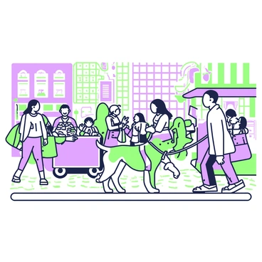 A dackel on a leash is exploring a bustling city street filled with people. The dackel has a long body and short legs, with its ears flopping as it walks. People are walking past, some are carrying shopping bags, others are chatting and laughing. In the background, there are tall buildings with large windows and colorful advertisements. A street vendor is seen on the side, with a cart full of various snacks. Nearby, a child is pointing excitedly at the dog, while an older person is smiling at the lively scene. The street is paved with cobblestones, and there are green trees planted along the sidewalk.