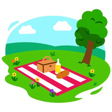 A sunny meadow with bright green grass stretches across the landscape. In the center, there is a red and white checkered blanket spread out, showcasing a variety of picnic items such as a wicker basket, a loaf of bread, and a bottle of sparkling lemonade. Surrounding the blanket, colorful wildflowers bloom in shades of yellow, purple, and pink. Tall trees with lush green leaves provide a gentle shade in the background, completing the peaceful scene of the picnic.