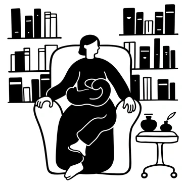 A man with dark, shoulder-length hair wearing a long black robe is sitting in a high-backed chair. A black cat is curled up comfortably on his lap, with its tail draped over the edge. The man has his hands resting on the chair's armrests, and the overall setting conveys a quiet atmosphere. In the background, a few shadowy bookshelves filled with various ancient books and potions can be seen. A small table beside the chair has an open book resting on it, along with a quill and inkpot.