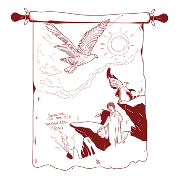 An illustration of an ancient scroll depicting "Icarus' flight." The scroll is unrolled slightly, revealing intricate ink drawings that showcase "Icarus" soaring through the sky with wings made of feathers and wax. Below, there are detailed ink sketches of "Daedalus" watching from a cliff, looking both concerned and proud. The background features swirling clouds and a bright sun, emphasizing the heights of flight. The edges of the scroll are aged and slightly torn, adding to the ancient feel of the artwork.