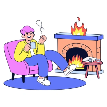 An ambivert is sitting comfortably in a cozy armchair beside a crackling fireplace. The room has warm lighting, with soft shadows dancing around. The person has a content expression while holding a steaming mug of hot drink, with wisps of steam curling upwards. A small side table next to the chair holds a book and a pair of reading glasses. The fireplace is built of brick, with flames flickering and casting a warm glow. A plush rug lies under the chair, adding to the cozy atmosphere.