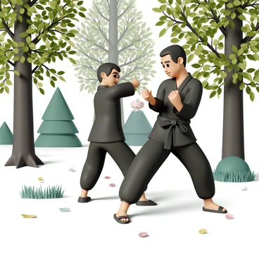 A person, dressed in a black training outfit, is practicing self-defense techniques in a forest. The individual is mid-movement, showcasing a punch while maintaining a focused expression. Tall trees with vibrant green leaves surround the scene, filtering soft sunlight onto the ground. The forest floor is covered with patches of grass and scattered fallen leaves, enhancing the natural setting. The background features additional trees, creating depth in the forest environment.