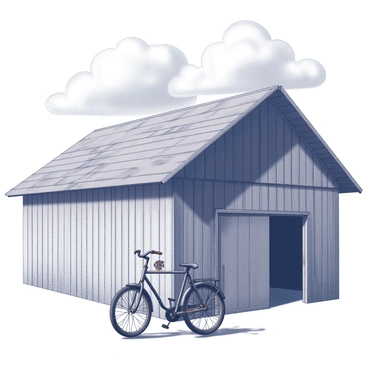 A rusted bicycle is leaning against a weathered barn made of aged wood, showing signs of wear and weathering. The bicycle has a faded frame and a rusty chain, with the tires partially deflated. The barn features a sloping roof with missing shingles and peeling paint, adding to its rustic charm. The sky above is filled with dense clouds, creating a moody atmosphere. Shadows are cast on the ground, highlighting the textures of the barn and the bicycle.
