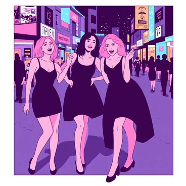 A group of friends is gathered together, each wearing stylish black dresses that vary in design. They are standing in a lively city street, surrounded by colorful neon lights illuminating the evening. One friend is laughing, her hand raised in delight, while another friend poses playfully with her arm around a companion's shoulder. The background showcases tall buildings and bustling pedestrians, capturing the energy of a night out. The pavement reflects the bright lights, adding to the vibrant atmosphere of the scene.