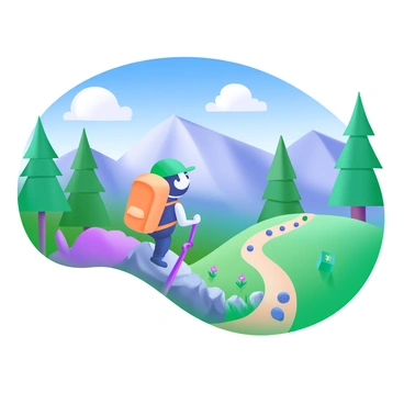A flat-faced character is hiking up a winding mountain trail. The character is wearing a bright orange backpack and a green cap. They are surrounded by vibrant, lush greenery, with tall trees lining the path. The sky above is a brilliant blue, dotted with fluffy white clouds. In the distance, majestic mountain peaks are visible, adding depth to the scene. The trail is marked with rocky patches and small wildflowers peeking through the grass.