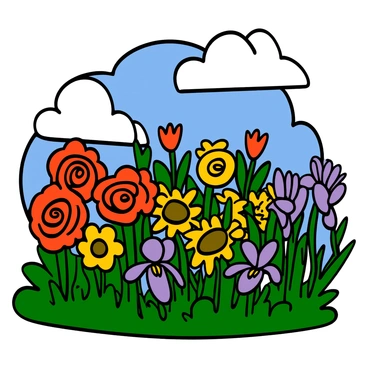 A vibrant garden filled with a variety of blooming flowers, including red roses, yellow daisies, and purple irises. The flowers are arranged in clusters, showcasing their vivid colors and details. The garden has lush green foliage surrounding the flowers, enhancing the overall brightness of the scene. In the background, there is a clear blue sky with a few fluffy white clouds. The entire composition is set on a 9x12 illustration board, providing a well-defined space for the lively garden.