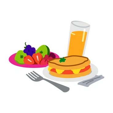 A breakfast table set with a golden-brown crispy croque monsieur on a white plate. The croque monsieur has melted cheese oozing out and is garnished with a sprig of parsley on top. Next to it, there is a vibrant plate filled with an assortment of fresh fruits, including sliced strawberries, kiwi, and grapes, all arranged neatly. A tall glass of freshly squeezed orange juice sits beside the plate, with condensation on the glass, reflecting the morning light. The setting includes a neatly folded napkin and a shiny silver fork resting on the table.