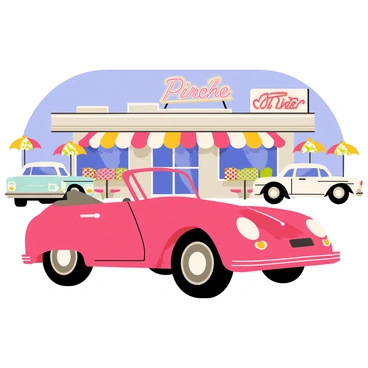 A vintage Porsche with a sleek, shiny red exterior is parked in front of a classic diner. The diner has a chrome facade and a bright neon sign that says "Diner" in bold letters. Surrounding the Porsche, there are several retro cars in various colors, including a turquoise convertible and a cream-colored station wagon. The scene features colorful diner-style decor, such as checkered patterns on the awnings and colorful umbrellas on the outdoor seating. The sky is clear and blue, adding to the nostalgic atmosphere of the setting.