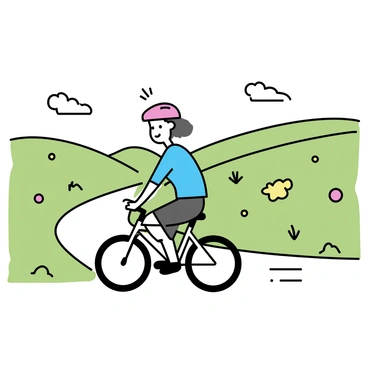 A cyclist, wearing a bright red helmet and a blue jersey, is pedaling on a winding path through a scenic landscape. The cyclist has a focused expression while navigating the terrain. Surrounding the cyclist, there are gentle rolling hills covered in lush green grass. The sky above is clear with a few fluffy white clouds. In the distance, there are patches of colorful wildflowers dotting the hillsides, enhancing the picturesque scene.